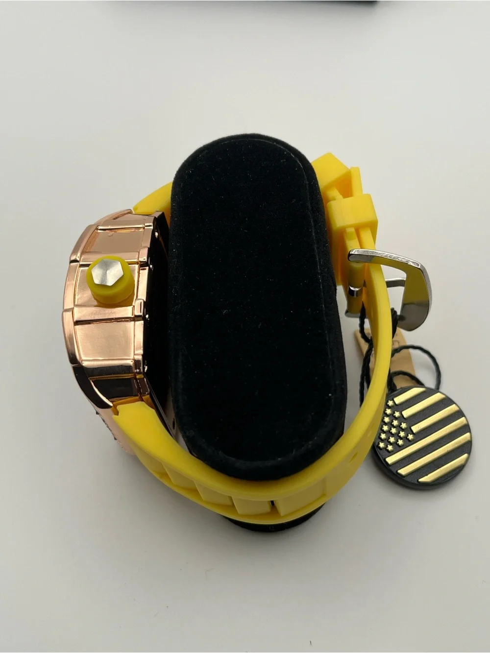 Men's Yellow Silicone Strap Watch with Crystal-Embellished Rose Gold Case
